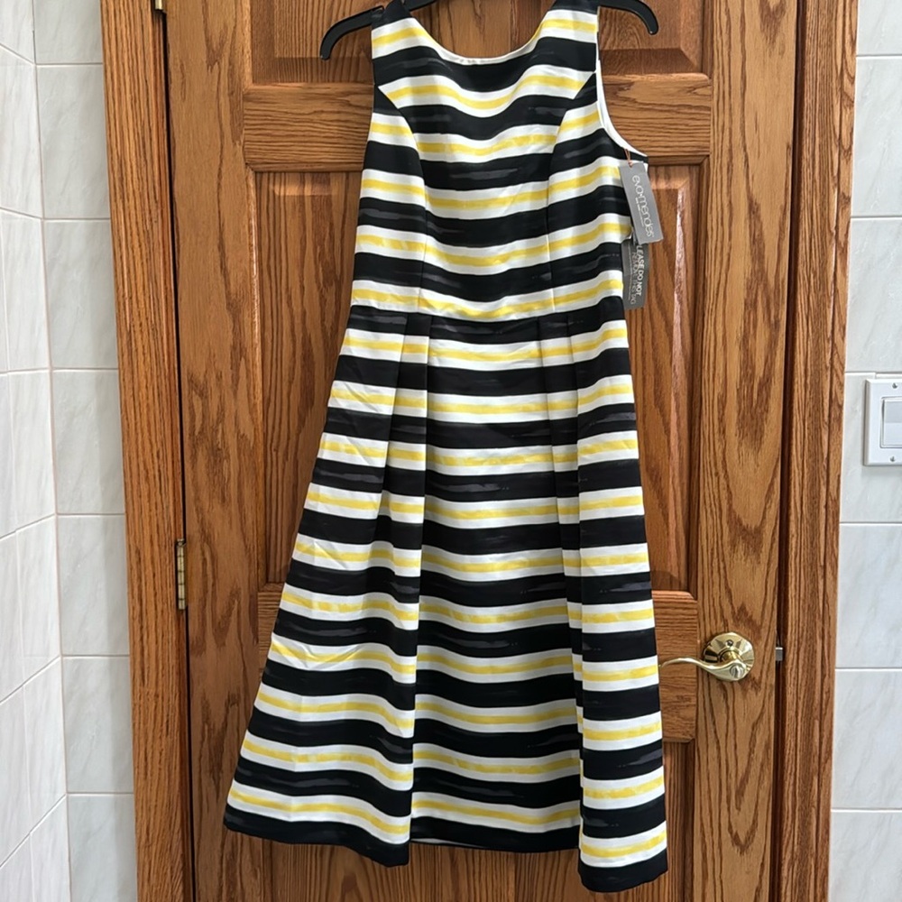 Eva Mendes New York & Company black, yellow, and white stripped dress